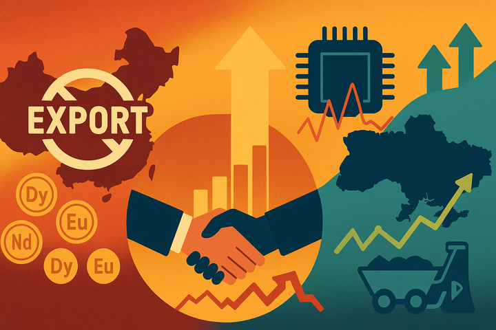 Stilisierte Grafik: China mit Exportverbot und REE-Symbolen, USA mit Wachstumspfeil und Handschlag, Ukraine mit Rohstoffsymbolen, Chip und Kurslinien – Fokus auf REE, Tech und Geopolitik.