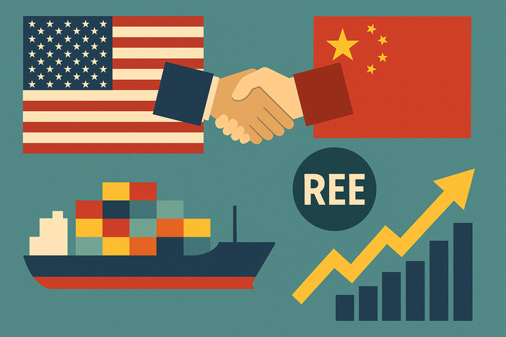 Stilisierte Grafik mit US- und China-Flaggen, Handschlag, Containerschiff, REE-Symbol und Kursanstieg – symbolisiert Entspannung im Handel und mögliche Rally bei REE-Aktien.