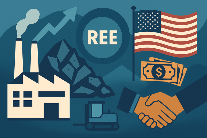 Grafik mit US-Flagge, REE-Fabrik, Fördergeldern, Handschlag und Rohstoffsymbolen – zeigt Ucores REE-Projekt, staatliche Förderung und wachsende Unabhängigkeit von China.