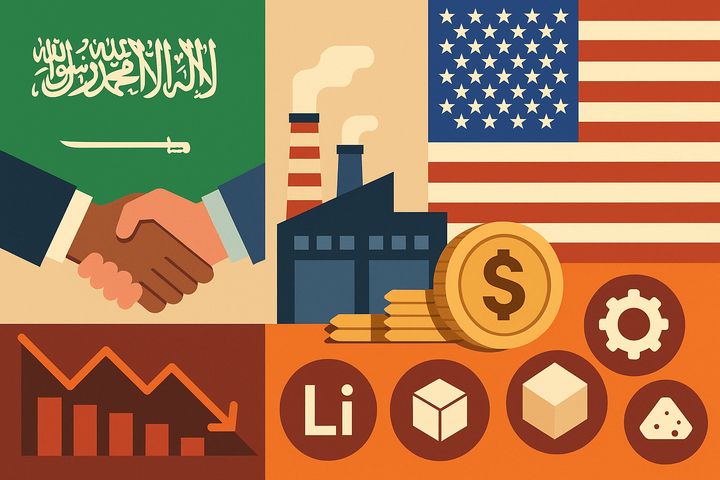 Grafik mit Saudi- und US-Flaggen, Handschlag, REE-Fabrik, fallendem Kurs, Rohstoffsymbolen und Dollar – zeigt neue Konkurrenz für westliche REE-Akteure durch Saudi-Arabien.