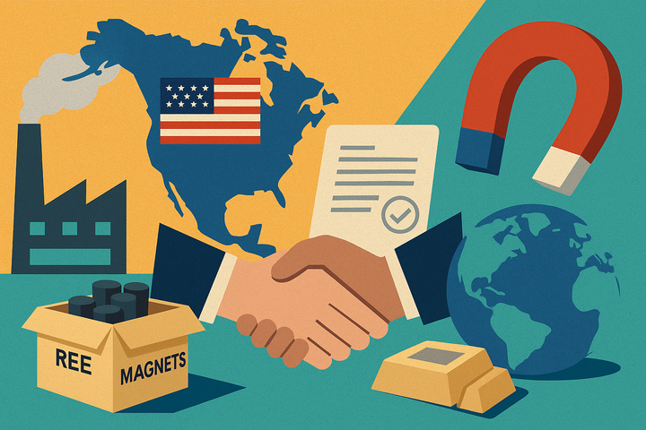 Stilisierte Grafik mit USA-Karte, Fabrik, Magnet, Handschlag, REE-Materialien und Weltkugel – symbolisiert Nordamerikas Einstieg in unabhängige Magnetproduktion und REE-Lieferketten.