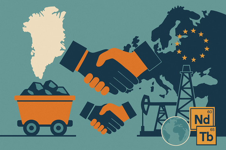 Stilisierte Grafik mit Grönland, Europa, REE-Wagen, Handschlag, Bohrplattform und Nd/Tb-Symbolen – visualisiert europäische Exploration, globale Zusammenarbeit und REE-Investmentchancen.
