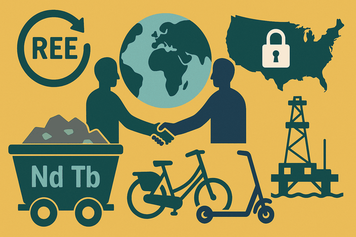 Grafik mit REE-Recycling-Symbol, globalem Handschlag, USA mit Schloss, REE-Wagen, Bohrinsel und E-Bike & Scooter – symbolisiert strategische Allianzen und urbane Rohstoffkreisläufe.