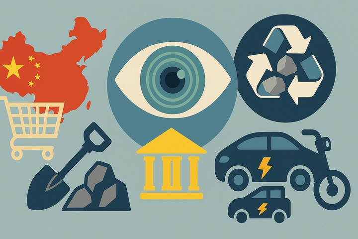 Stilisierte Grafik mit China-Karte, Recycling, E-Mobilität, smartem Auge, Schaufel mit Erz, Regierungssymbol – zeigt geopolitische Risiken, Innovation & Nachhaltigkeit bei Seltenen Erden.