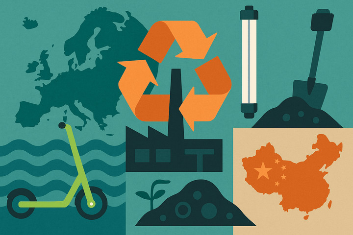 Illustration zeigt Europas Karte, Recycling-Symbol, Lime E-Scooter, Leuchtstoffröhre, Chinas Umriss und eine Fabrik als Symbole für strategischen Wandel und Rohstoffkreislauf.