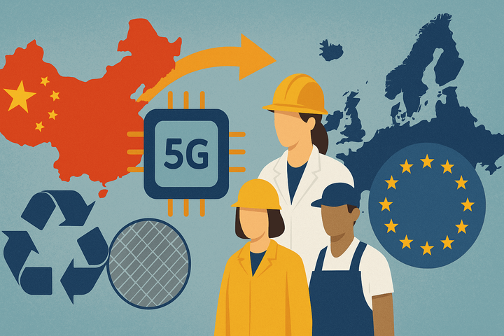 Grafik mit China und Europa, Chip, 5G-Symbol, Arbeiterfiguren und Recyclingzeichen – visualisiert Chancen durch mögliche Lockerung chinesischer Exportkontrollen für Europa.