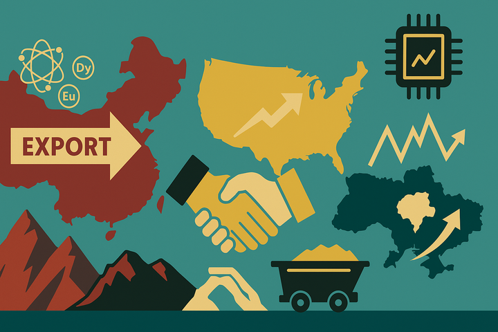 Stilisierte Grafik zeigt Chinas Exportkontrollen, US-REE-Investitionen und Ukraine als neuen Player – mit Symbolen für Seltene Erden, Chipindustrie, Wachstum und globale Lieferketten.