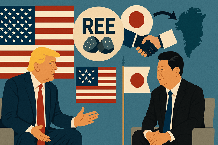 Stilisierte Grafik mit Trump und Xi im Gespräch, REE-Symbol, USA- und Japan-Partnerschaft, Grönland-Silhouette – zeigt geopolitische Dynamik rund um Seltene Erden und neue Allianzen.